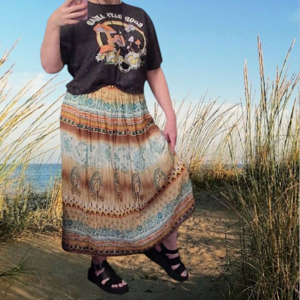 VTG Brown Teal Paisley‎ Boho Western Pull On Midi Skirt Plussize 14 Petite